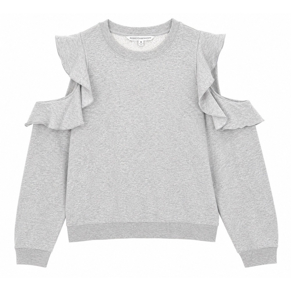 Rebecca Minkoff Sweatshirt‎ M Gray Gracie Cold Shoulder Ruffle Quiet Luxury